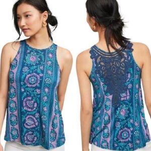 Anthropologie Akemi & Kin women’s top, crochet back. Blue purple, teal. Sz M NWT